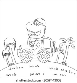 Cute dinosaur driving a car go to forest funny animal cartoon. Childish design for kids activity colouring book or page.