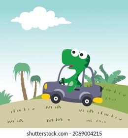 cute dinosaur driving a car go to forest funny animal cartoon. Creative vector childish background for fabric, textile, nursery wallpaper, poster, card, brochure. and other decoration.