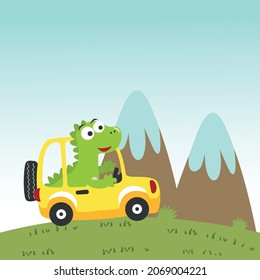 cute dinosaur driving a car go to forest funny animal cartoon. Creative vector childish background for fabric, textile, nursery wallpaper, poster, card, brochure. and other decoration.