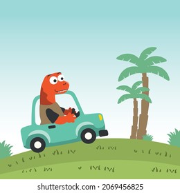 cute dinosaur driving a car go to forest funny animal cartoon. Creative vector childish background for fabric, textile, nursery wallpaper, poster, card, brochure. and other decoration.