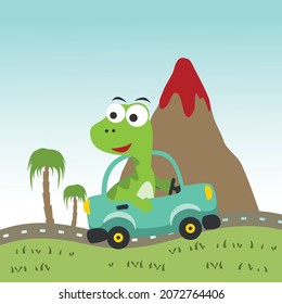 cute dinosaur driving a car go to forest funny animal cartoon. Creative vector childish background for fabric, textile, nursery wallpaper, poster, card, brochure. and other decoration.
