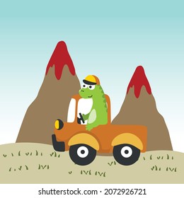 cute dinosaur driving a car go to forest funny animal cartoon. Creative vector childish background for fabric, textile, nursery wallpaper, poster, card, brochure. and other decoration.