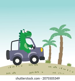 cute dinosaur driving a car go to forest funny animal cartoon. Creative vector childish background for fabric, textile, nursery wallpaper, poster, card, brochure. and other decoration.