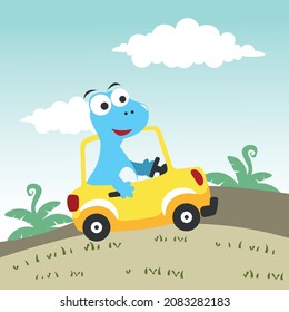 cute dinosaur driving a car go to forest funny animal cartoon. Creative vector childish background for fabric, textile, nursery wallpaper, poster, card, brochure. and other decoration.