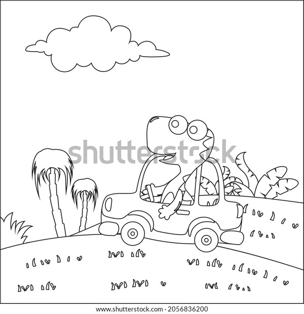 Cute
dinosaur driving a car go to forest funny animal cartoon. Childish
design for kids activity colouring book or
page.