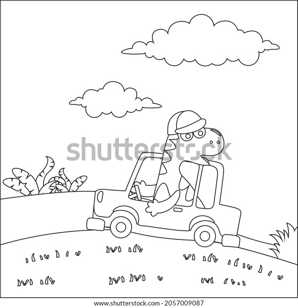 Cute\
dinosaur driving a car go to forest funny animal cartoon. Childish\
design for kids activity colouring book or\
page.