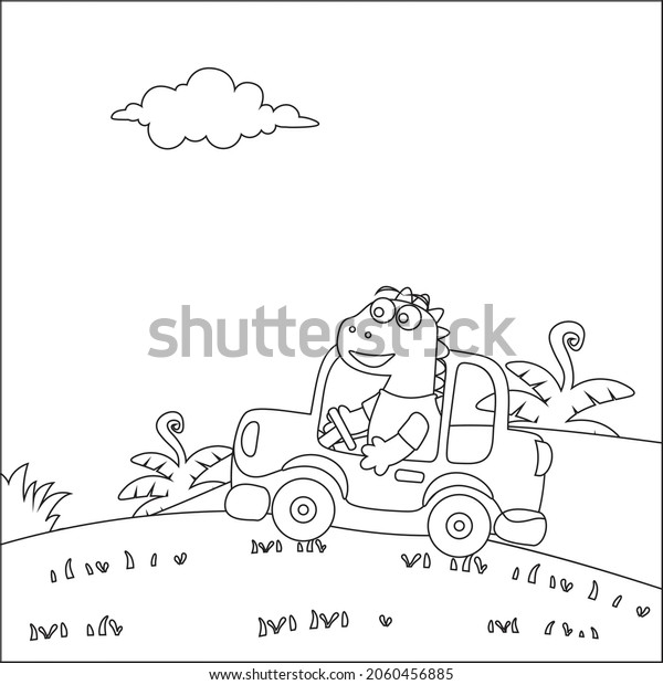 Cute\
dinosaur driving a car go to forest funny animal cartoon. Childish\
design for kids activity colouring book or\
page.
