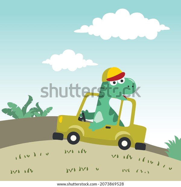 cute\
dinosaur driving a car go to forest funny animal cartoon. Creative\
vector childish background for fabric, textile, nursery wallpaper,\
poster, card, brochure. and other\
decoration.