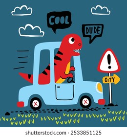 Dinosaurio lindo que conduce un coche, Ilustración vectorial