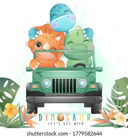 Cute Dinosaur Driving A Car With Watercolor Illustration