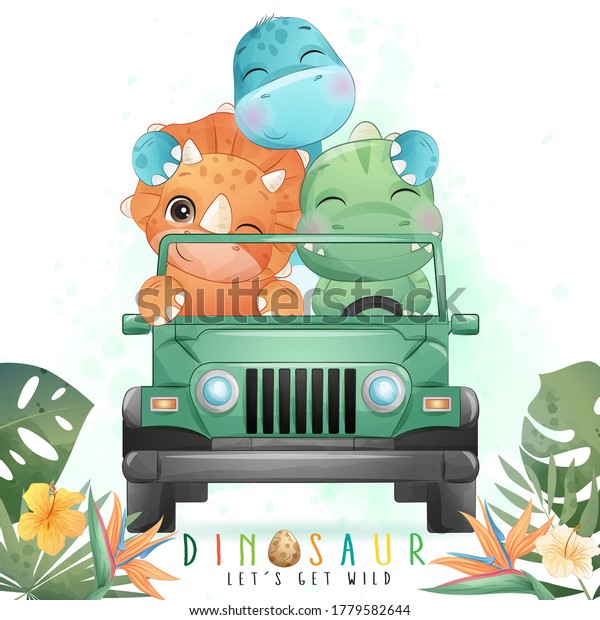 Cute\
dinosaur driving a car with watercolor\
illustration