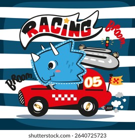 Cute dinosaur driving race car, cartoon vector for kids, fun animal racing illustration on striped background.