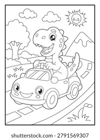Cute Dinosaur Driving Smiling Cartoon Car Coloring Page for Children. Bold and Easy Animal Line Art for Kids and Adults.