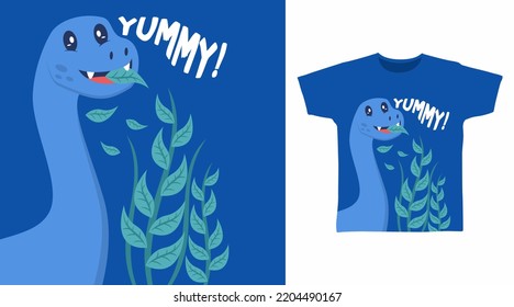 Cute dinosaur eat leaves cartoon tshirt art design