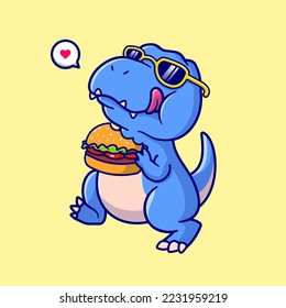 Cute Dinosaur Eating Burger Cartoon Vector Icon Illustration. Animal Food Icon Concept Isolated Premium Vector. Flat Cartoon Style