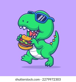 Cute Dinosaur Eating Burger With Glasses Cartoon Vector Icon Illustration. Animal Food Icon Concept Isolated Premium Vector. Flat Cartoon Style