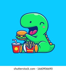 Ilustración del icono del vector de hamburguesas de dinosaurio. Caricatura de la mascota Dino. El Concepto De Ícono Animal Es Blanco Aislado.  Estilo de caricatura plano adecuado para Web Landing Page, banner, volante, adhesivo, tarjeta