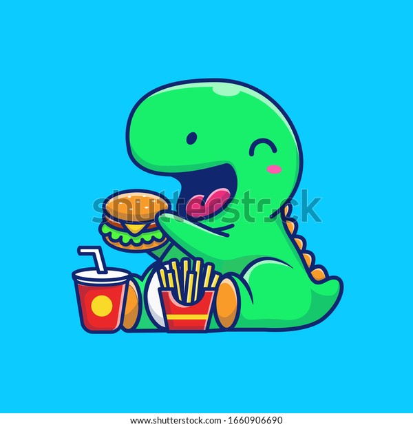 ハンバーガーを食べるかわいい恐竜のベクター画像アイコンイラスト ディノ マスコット カートーンキャラクター 白い背景に動物のアイコンコンセプト ウェブランディングページ バナー チラシ ステッカー カードに適した平らなカートーンスタイル のベクター