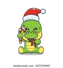 Cute dinosaur eating christmas cookies and candy. Cute christmas cartoon illustration.
