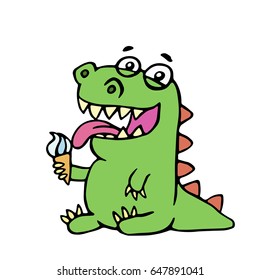 cute dinosaur eating ice cream. vector illustration. cartoon character.