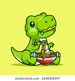 Cute Dinosaur Eating Ramen Noodle With Chopstick Cartoon Vector Icon Illustration. Animal Food Icon Concept Isolated Premium Vector. Flat Cartoon Style