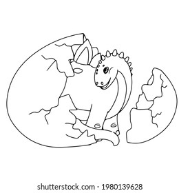 Cute dinosaur in an egg. Little dinosaur's birthday. Black and white drawing coloring book. Vector illustration isolated on white background