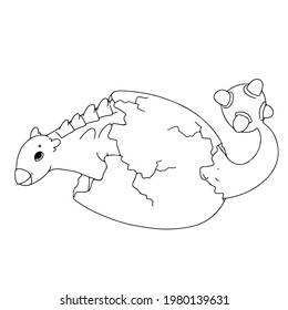 Cute dinosaur in an egg. Little dinosaur's birthday. Black and white drawing coloring book. Vector illustration isolated on white background