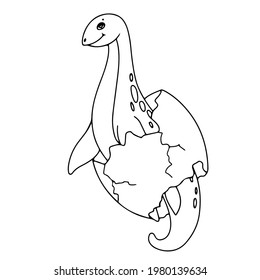 Cute dinosaur in an egg. Little dinosaur's birthday. Black and white drawing coloring book. Vector illustration isolated on white background