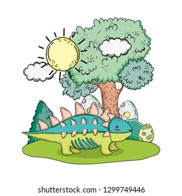 cute dinosaur with eggs in the landscape