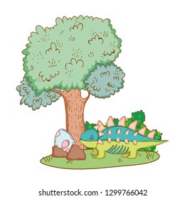 cute dinosaur with eggs in the landscape
