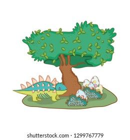 cute dinosaur with eggs in the landscape