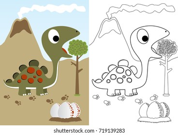 Cute dinosaur with it eggs on volcano background, vector cartoon, coloring page or book