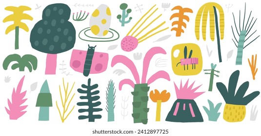 Cute dinosaur era prehistoric clipart with funny hand drawn doodle dino egg, comet, meteorite, plants, volcano, palm, butterfly, amber, mosquito, trees. Jurassic era objects, nature elements for kids