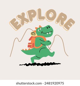 Cute dinosaur explorer with backpack walking on forest isolated on white background illustration vector