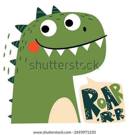 Cute dinosaur face, speech bubble, and roar inscription. Flat vector illustration for printing on children's products.