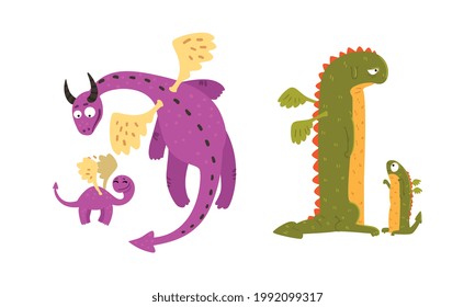 Cute Dinosaur Families Set, Dino Moms and their Babies Cartoon Vector Illustration