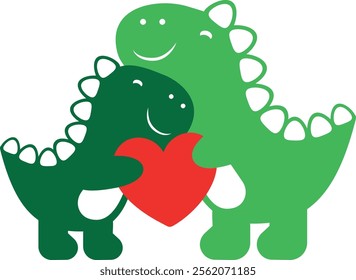 Cute Dinosaur Family Embracing with Heart. Vector Illustration