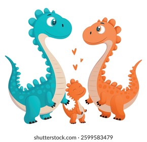 Cute dinosaur family. Happy parent and baby dino with love hearts. Adorable cartoon prehistoric characters. Vector art for kids, posters, and prints.