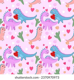 Cute dinosaur family with heart shape seamless pattern. This pattern can be used for fabric textile wallpaper giftwrap paper background.