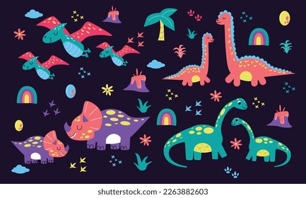 Cute dinosaur family, wildlife nature. Wild childish scandinavian comics with tyrannosaurus and triceratops. Kindergarten and nursery decor elements. Vector recent prehistoric tropicals set