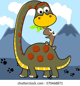 Cute dinosaur feeding it baby on volcanoes background, vector cartoon illustration