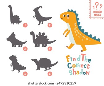 Cute dinosaur, find correct shadow shape. Children education puzzle matching game. Search right silhouette. Kid logical task. Vector