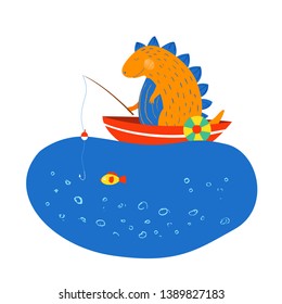 Cute dinosaur is fishing. Fisherman Dino on the boat in the sea. Funny animals. Character for children. Vector background. Isolated hand drawn illustration. Character for kids. Pencil texture.