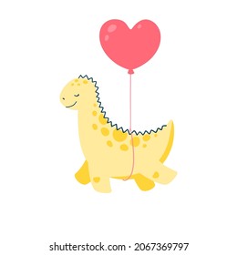 Cute dinosaur. Flies in a hot air balloon. Character isolated on white background. Vector illustration