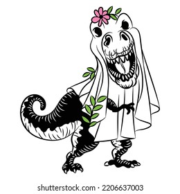 Cute dinosaur floral ghost vector illustration. Boo ghosts Halloween hand drawn designs for October fall holidays. T-Rex funny spooky spirit with autumn flowers and leaves