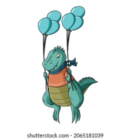 Cute dinosaur flying on balloons