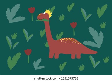 Cute dinosaur in the forest. Cartoon drawing for children's textiles. Dino for a beautiful banner or postcard. A stylized animal in a green meadow painted in the style of the flat of the hand. Vector