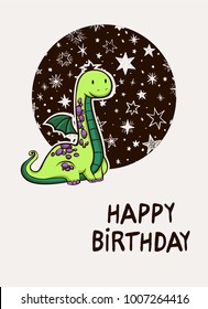 Cute dinosaur in front of night sky with the stars. Birthday card. Vector illustration