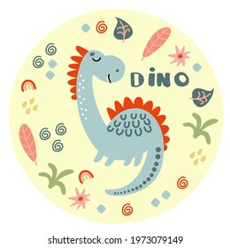 Cute dinosaur. Funny dino with decorative doodle elements in circle shape. Happy cartoon fantasy reptile character. Vector illustration, could be used for print of children t-shirt, poster etc.