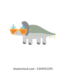 Cute Dinosaur in Funny Glasses, Funny Colorful Triceratop Dino Character, Happy Birthday Party Design Element Vector Illustration